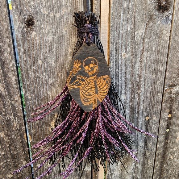 None Other - Halloween Witches Broomstick With Skeleton And Purple‎ Glitter Accents
